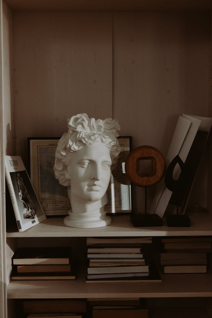 Shelf with a classical bust, books, and artistic decor pieces in warm lighting.